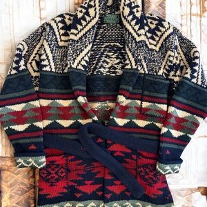 Vintage Ralph Lauren COUNTRY Hand Knit Wool Shawl Cardigan Belted M